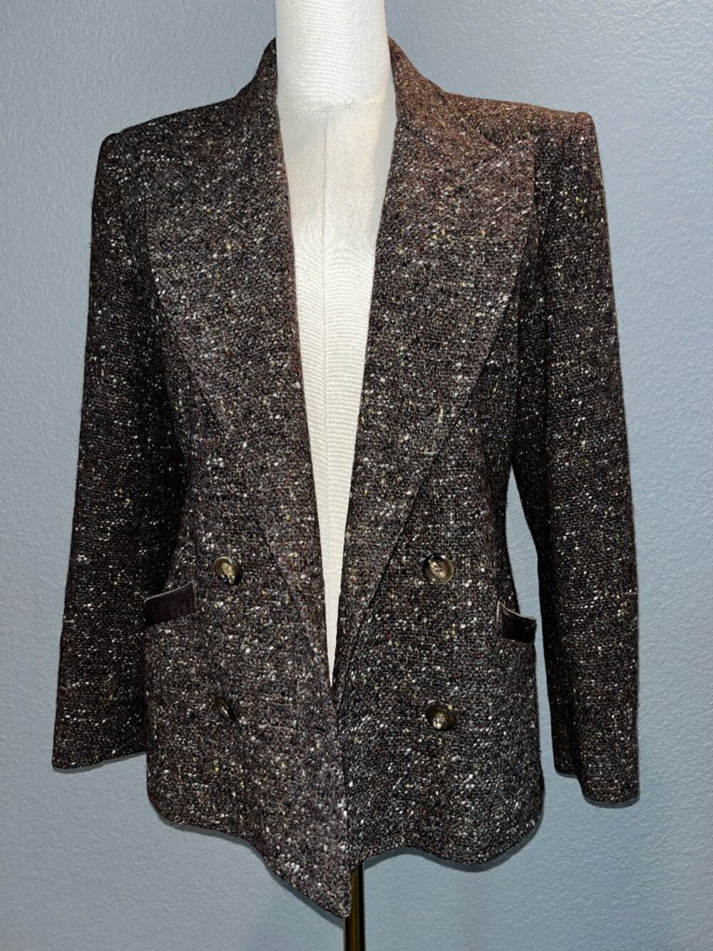 Vintage 80s Chocolate Brown Italian Wool Tweed & Leather Double Breasted Blazer